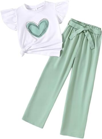 Kid Girl Clothes Casual Flying Sleeve Top & Pants 2PC Outfit Set 8-12 Year in Saudi Arabia