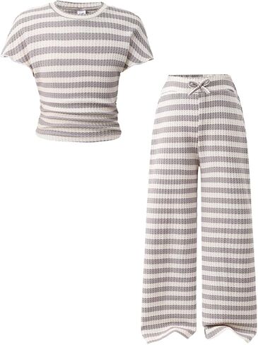 Girls 2-Piece Outfits Short Sleeve Striped Top & Wide Leg Pants Girls Fashion Casual Clothing Set Size 7-16 Years in Saudi Arabia