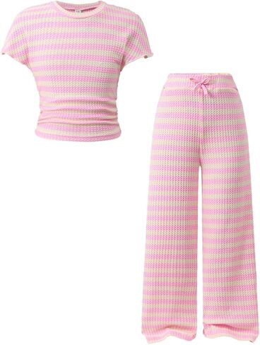 Girls 2-Piece Outfits Short Sleeve Striped Top & Wide Leg Pants Girls Fashion Casual Clothing Set Size 7-16 Years in Saudi Arabia