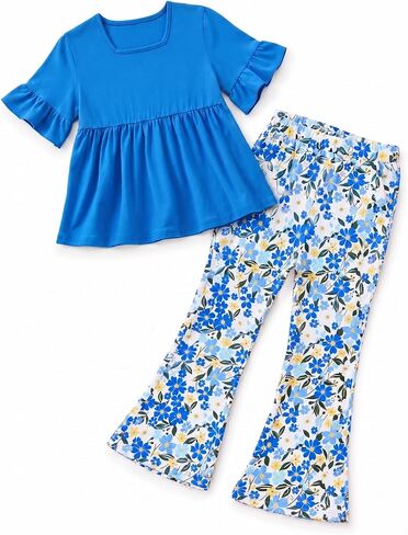 2-8 Years Girls Clothes Ruffle Sleeve Shirt Top Floral Flare Leg Pants 2-Piece Retro Outfit Set in Saudi Arabia