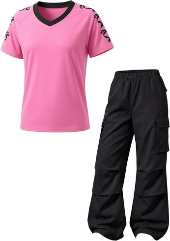 Girls Clothes 2-Piece Bow V-Neck Top & Cargo Pants, Trendy Party/Casual Outfit for Girls 6-14Y in Saudi Arabia