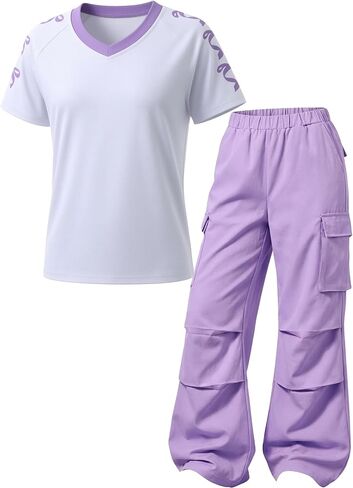 Girls Clothes 2-Piece Bow V-Neck Top & Cargo Pants, Trendy Party/Casual Outfit for Girls 6-14Y in Kuwait
