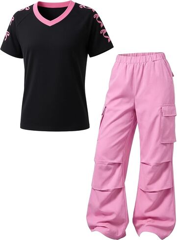 Girls Clothes 2-Piece Bow V-Neck Top & Cargo Pants, Trendy Party/Casual Outfit for Girls 6-14Y in Kuwait