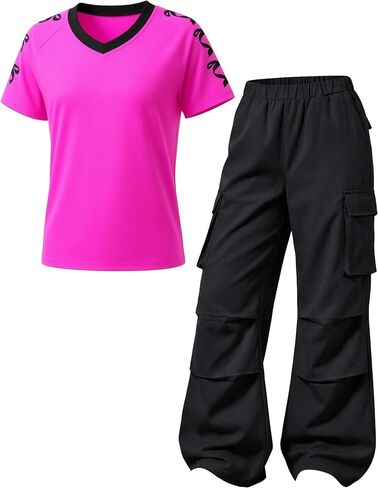 Girls Clothes 2-Piece Bow V-Neck Top & Cargo Pants, Trendy Party/Casual Outfit for Girls 6-14Y in Kuwait