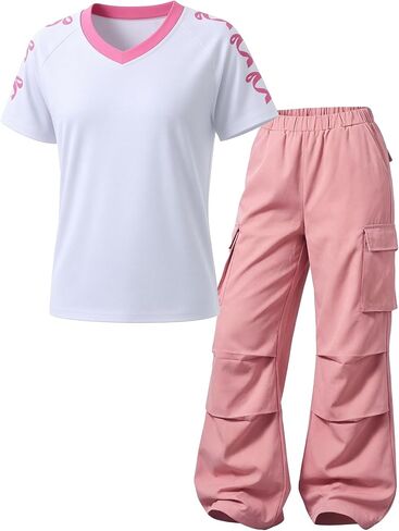 Girls Clothes 2-Piece Bow V-Neck Top & Cargo Pants, Trendy Party/Casual Outfit for Girls 6-14Y in Kuwait