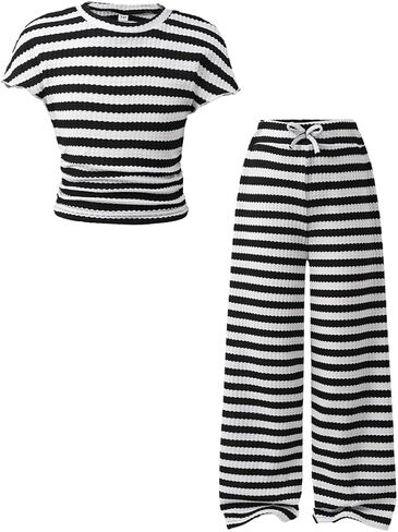 Girls 2-Piece Outfits Short Sleeve Striped Top & Wide Leg Pants Girls Fashion Casual Clothing Set Size 7-16 Years in Saudi Arabia