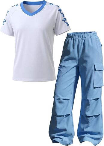 Girls Clothes 2-Piece Bow V-Neck Top & Cargo Pants, Trendy Party/Casual Outfit for Girls 6-14Y in Kuwait