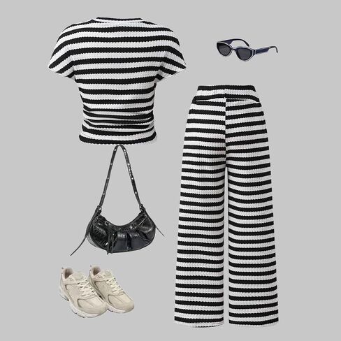 Girls 2-Piece Outfits Short Sleeve Striped Top & Wide Leg Pants Girls Fashion Casual Clothing Set Size 7-16 Years in Saudi Arabia