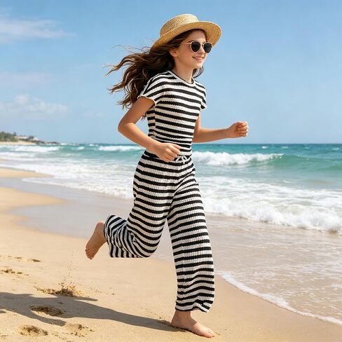Girls 2-Piece Outfits Short Sleeve Striped Top & Wide Leg Pants Girls Fashion Casual Clothing Set Size 7-16 Years in Saudi Arabia