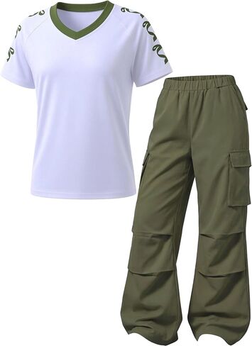 Girls Clothes 2-Piece Bow V-Neck Top & Cargo Pants, Trendy Party/Casual Outfit for Girls 6-14Y in Kuwait