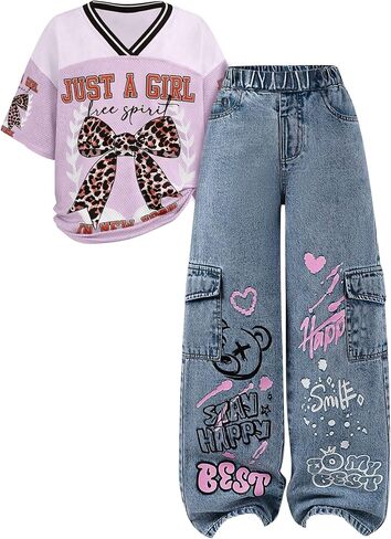 Girls 2 Piece Clothes Set V Neck Graphic Tee and Wide Leg Jeans Casual Streetwear Outfits Size 7-15 in Kuwait