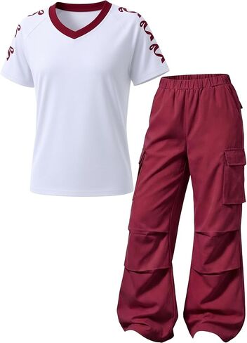 Girls Clothes 2-Piece Bow V-Neck Top & Cargo Pants, Trendy Party/Casual Outfit for Girls 6-14Y in Kuwait