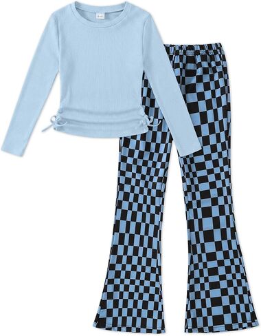 GEMLON Girls' Clothing Sets Solid Ruched Crew Rib Top and Printed Wide Leg Pants Girls 2 Piece Outfits 5-14 Years in Saudi Arabia