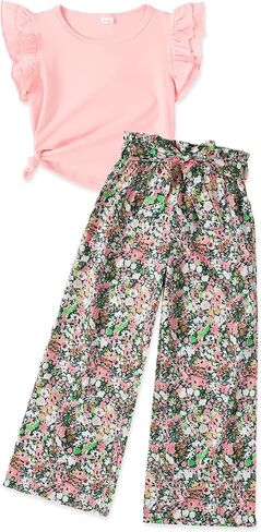 GEMLON Girls' Clothing Sets Solid Ruffle Sleeve Tank Top and Printed Wide Leg Pant 2 Piece Set Summer Outfits for Girls 5-14Y in Saudi Arabia