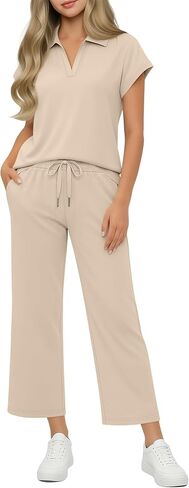 Girls' 2 Piece Outfits Short Cap Sleeve Lapel V Neck Tops Wide Leg Drawstring Pants Casual Travel Sets 5-14 Years in Kuwait