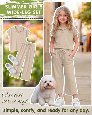 Girls' 2 Piece Outfits Short Cap Sleeve Lapel V Neck Tops Wide Leg Drawstring Pants Casual Travel Sets 5-14 Years in Kuwait