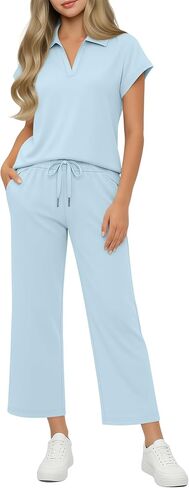 Girls' 2 Piece Outfits Short Cap Sleeve Lapel V Neck Tops Wide Leg Drawstring Pants Casual Travel Sets 5-14 Years in Kuwait