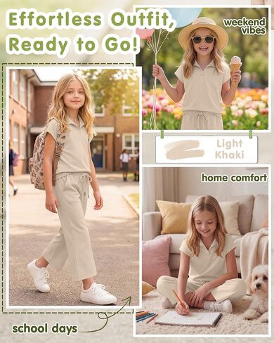 Girls' 2 Piece Outfits Short Cap Sleeve Lapel V Neck Tops Wide Leg Drawstring Pants Casual Travel Sets 5-14 Years in Kuwait