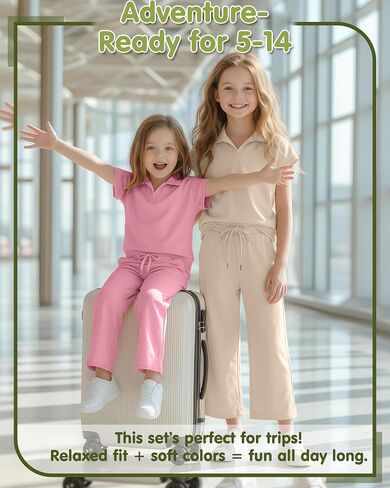 Girls' 2 Piece Outfits Short Cap Sleeve Lapel V Neck Tops Wide Leg Drawstring Pants Casual Travel Sets 5-14 Years in Kuwait