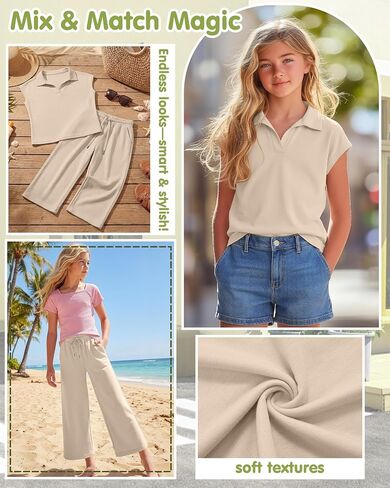 Girls' 2 Piece Outfits Short Cap Sleeve Lapel V Neck Tops Wide Leg Drawstring Pants Casual Travel Sets 5-14 Years in Kuwait