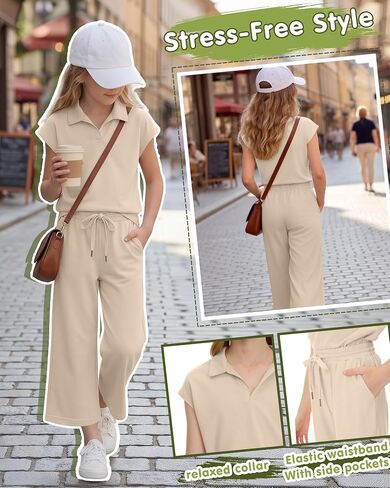 Girls' 2 Piece Outfits Short Cap Sleeve Lapel V Neck Tops Wide Leg Drawstring Pants Casual Travel Sets 5-14 Years in Kuwait