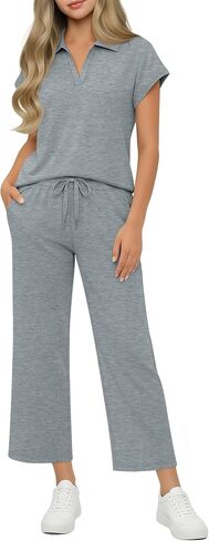 Girls' 2 Piece Outfits Short Cap Sleeve Lapel V Neck Tops Wide Leg Drawstring Pants Casual Travel Sets 5-14 Years in Kuwait