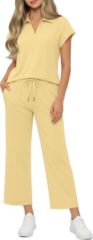 Girls' 2 Piece Outfits Short Cap Sleeve Lapel V Neck Tops Wide Leg Drawstring Pants Casual Travel Sets 5-14 Years in Kuwait