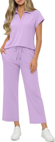 Girls' 2 Piece Outfits Short Cap Sleeve Lapel V Neck Tops Wide Leg Drawstring Pants Casual Travel Sets 5-14 Years in Kuwait