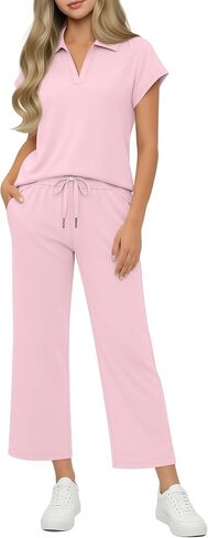 Girls' 2 Piece Outfits Short Cap Sleeve Lapel V Neck Tops Wide Leg Drawstring Pants Casual Travel Sets 5-14 Years in Kuwait
