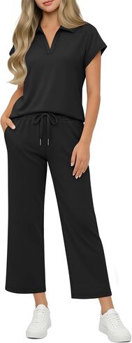Girls' 2 Piece Outfits Short Cap Sleeve Lapel V Neck Tops Wide Leg Drawstring Pants Casual Travel Sets 5-14 Years in Kuwait
