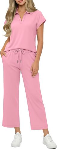 Girls' 2 Piece Outfits Short Cap Sleeve Lapel V Neck Tops Wide Leg Drawstring Pants Casual Travel Sets 5-14 Years in Kuwait