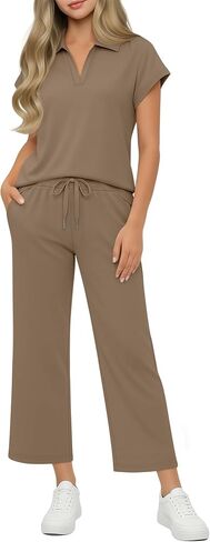 Girls' 2 Piece Outfits Short Cap Sleeve Lapel V Neck Tops Wide Leg Drawstring Pants Casual Travel Sets 5-14 Years in Kuwait