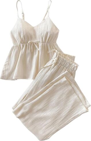 SHENHE Girl's Summer Clothes Linen 2 Piece Outfits Peplum Cami Top and Wide Leg Pants Set in Kuwait