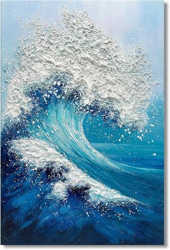 JUHOME Large Abstract Blue Ocean Wave Wall Art,24x36 Hand-Painted Canvas with White Textured Waves, Textured Vertical Painting for Living Room, Bedroom, Office, Coastal Wall Decor in Saudi Arabia