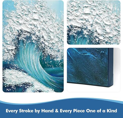 JUHOME Large Abstract Blue Ocean Wave Wall Art,24x36 Hand-Painted Canvas with White Textured Waves, Textured Vertical Painting for Living Room, Bedroom, Office, Coastal Wall Decor in Saudi Arabia