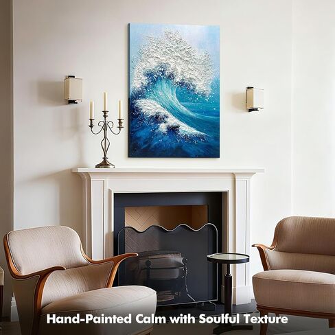 JUHOME Large Abstract Blue Ocean Wave Wall Art,24x36 Hand-Painted Canvas with White Textured Waves, Textured Vertical Painting for Living Room, Bedroom, Office, Coastal Wall Decor in Saudi Arabia