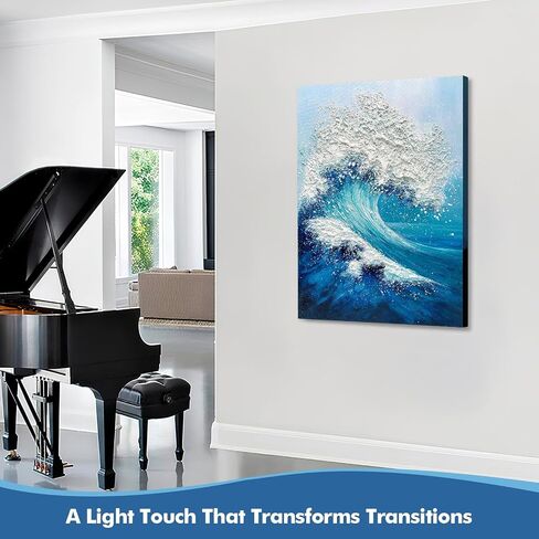 JUHOME Large Abstract Blue Ocean Wave Wall Art,24x36 Hand-Painted Canvas with White Textured Waves, Textured Vertical Painting for Living Room, Bedroom, Office, Coastal Wall Decor in Saudi Arabia