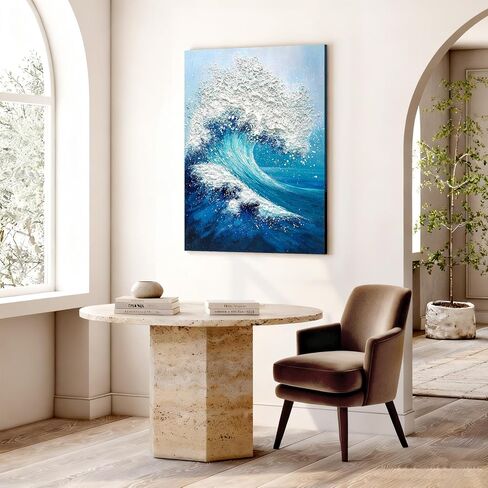 JUHOME Large Abstract Blue Ocean Wave Wall Art,24x36 Hand-Painted Canvas with White Textured Waves, Textured Vertical Painting for Living Room, Bedroom, Office, Coastal Wall Decor in Saudi Arabia