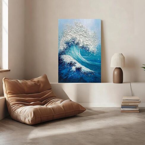 JUHOME Large Abstract Blue Ocean Wave Wall Art,24x36 Hand-Painted Canvas with White Textured Waves, Textured Vertical Painting for Living Room, Bedroom, Office, Coastal Wall Decor in Saudi Arabia