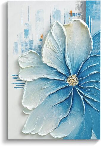 JUHOME Hand-Painted Blue Floral Canvas Wall Art, 24x36 In Thick Textured Abstract Oil Painting, Vertical Modern Artwork for Living Room, Bedroom, Office, Large Original Wall Decor in Saudi Arabia