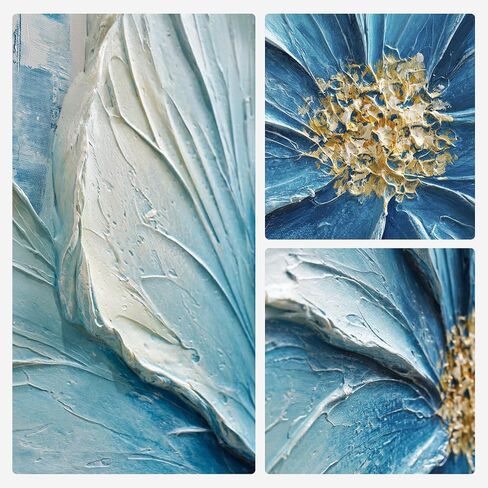 JUHOME Hand-Painted Blue Floral Canvas Wall Art, 24x36 In Thick Textured Abstract Oil Painting, Vertical Modern Artwork for Living Room, Bedroom, Office, Large Original Wall Decor in Saudi Arabia