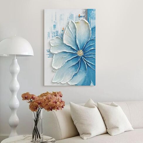 JUHOME Hand-Painted Blue Floral Canvas Wall Art, 24x36 In Thick Textured Abstract Oil Painting, Vertical Modern Artwork for Living Room, Bedroom, Office, Large Original Wall Decor in Saudi Arabia