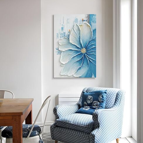 JUHOME Hand-Painted Blue Floral Canvas Wall Art, 24x36 In Thick Textured Abstract Oil Painting, Vertical Modern Artwork for Living Room, Bedroom, Office, Large Original Wall Decor in Saudi Arabia