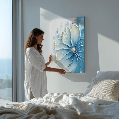 JUHOME Hand-Painted Blue Floral Canvas Wall Art, 24x36 In Thick Textured Abstract Oil Painting, Vertical Modern Artwork for Living Room, Bedroom, Office, Large Original Wall Decor in Saudi Arabia