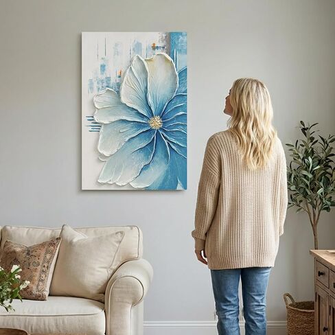 JUHOME Hand-Painted Blue Floral Canvas Wall Art, 24x36 In Thick Textured Abstract Oil Painting, Vertical Modern Artwork for Living Room, Bedroom, Office, Large Original Wall Decor in Saudi Arabia