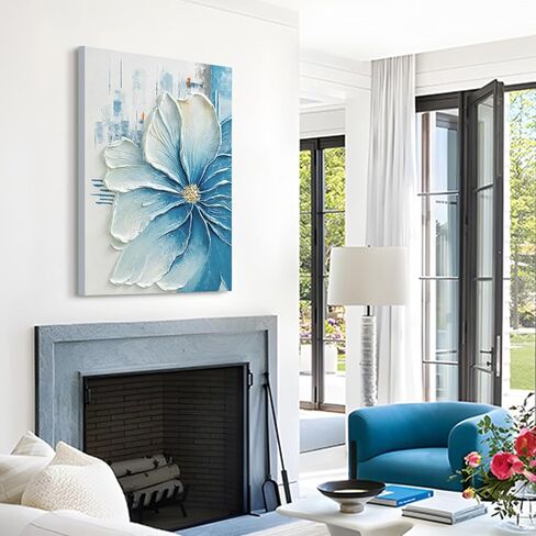 JUHOME Hand-Painted Blue Floral Canvas Wall Art, 24x36 In Thick Textured Abstract Oil Painting, Vertical Modern Artwork for Living Room, Bedroom, Office, Large Original Wall Decor in Saudi Arabia