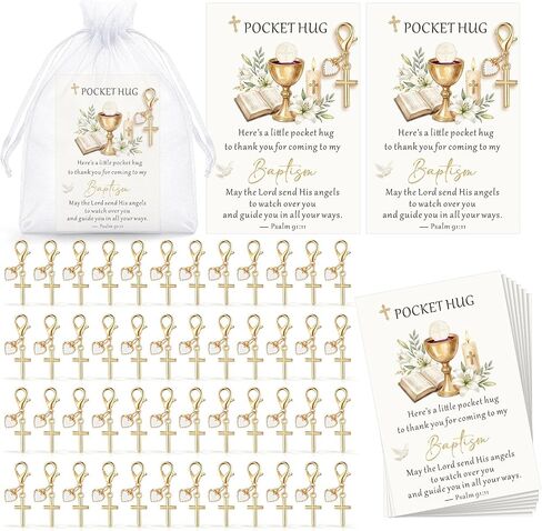 Unittype 50 Sets Baptism Favors Pocket Hug Bulk, Religious Cross Keychain for Christening, First Holy Communion Party, Catholic Confirmation Gifts for Guests with Thank You Card & Organza Bag in Kuwait