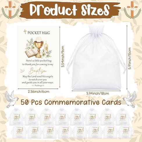 Unittype 50 Sets Baptism Favors Pocket Hug Bulk, Religious Cross Keychain for Christening, First Holy Communion Party, Catholic Confirmation Gifts for Guests with Thank You Card & Organza Bag in Kuwait