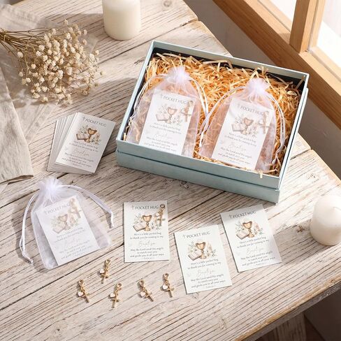 Unittype 50 Sets Baptism Favors Pocket Hug Bulk, Religious Cross Keychain for Christening, First Holy Communion Party, Catholic Confirmation Gifts for Guests with Thank You Card & Organza Bag in Kuwait