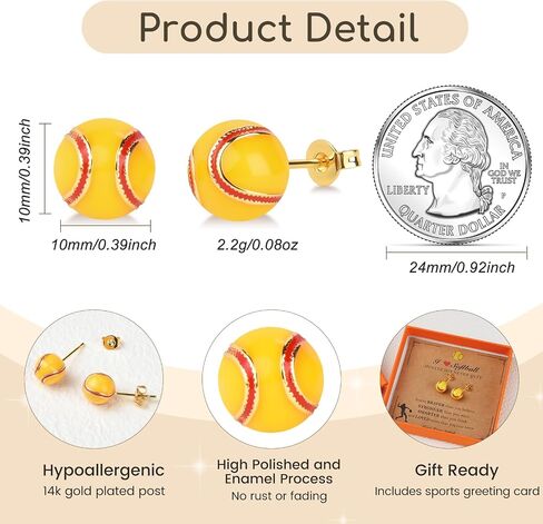 Baseball Softball Soccer Basketball Football Earrings for Women, 14K Gold Plated 10mm Sports Earrings studs for Women Valentines Day Birthday Christmas Easter Baptism Graduation Gifts for Momen Mom in Kuwait